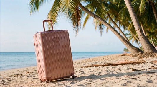 Valise GYL rose cuivré sous les cocotiers d'une plage de Martinique