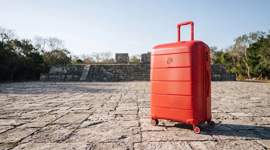 Valise GYL rouge devant un site maya du Yucatan au Mexique