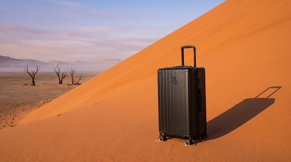 Valise GYL Trunk L noire au pied d'une dune de Sossusvlei dans le desert du Namib en Namibie