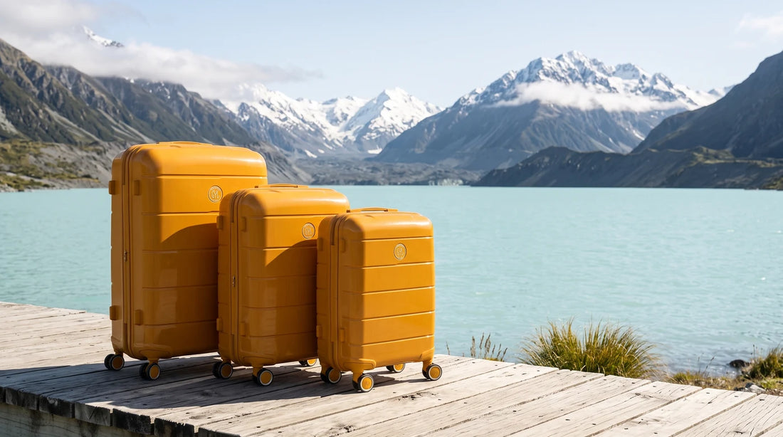 Set de 3 valises GYL Citadine jaune fonce sur un ponton face aux Alpes du Sud en Nouvelle-Zelande
