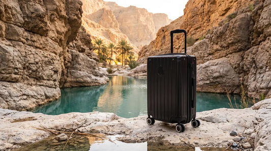 Valise cabine GYL Intemporelle noire au bord d'une vasque turquoise dans un wadi omanais