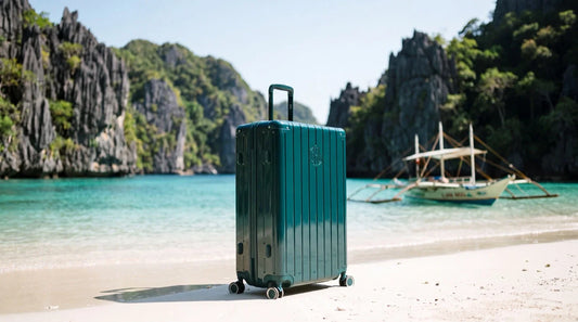 Valise GYL verte sur une plage des Philippines devant les pitons calcaires