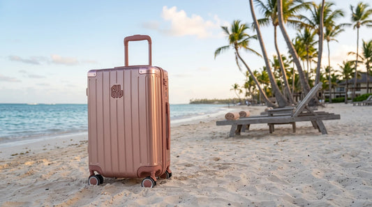 Valise cabine GYL Intemporelle rose gold sur une plage de Punta Cana en Republique Dominicaine
