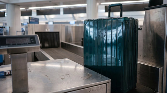 Grande valise de soute GYL Intemporelle vert sapin sur la balance d'un comptoir de dépose bagages