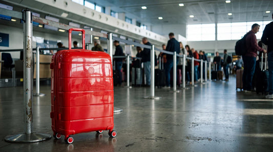 Grande valise de soute GYL Citadine rouge dans une file d'enregistrement d'aéroport
