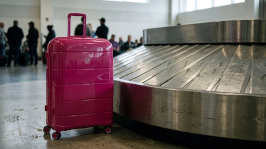 Grande valise de soute GYL Citadine fuchsia à côté d'un tapis de livraison bagages