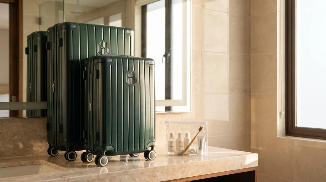 Trousse de toilette transparente et flacons de 100 ml posés sur le plan d'une salle de bain d'hôtel, à côté de valises GYL vert sapin