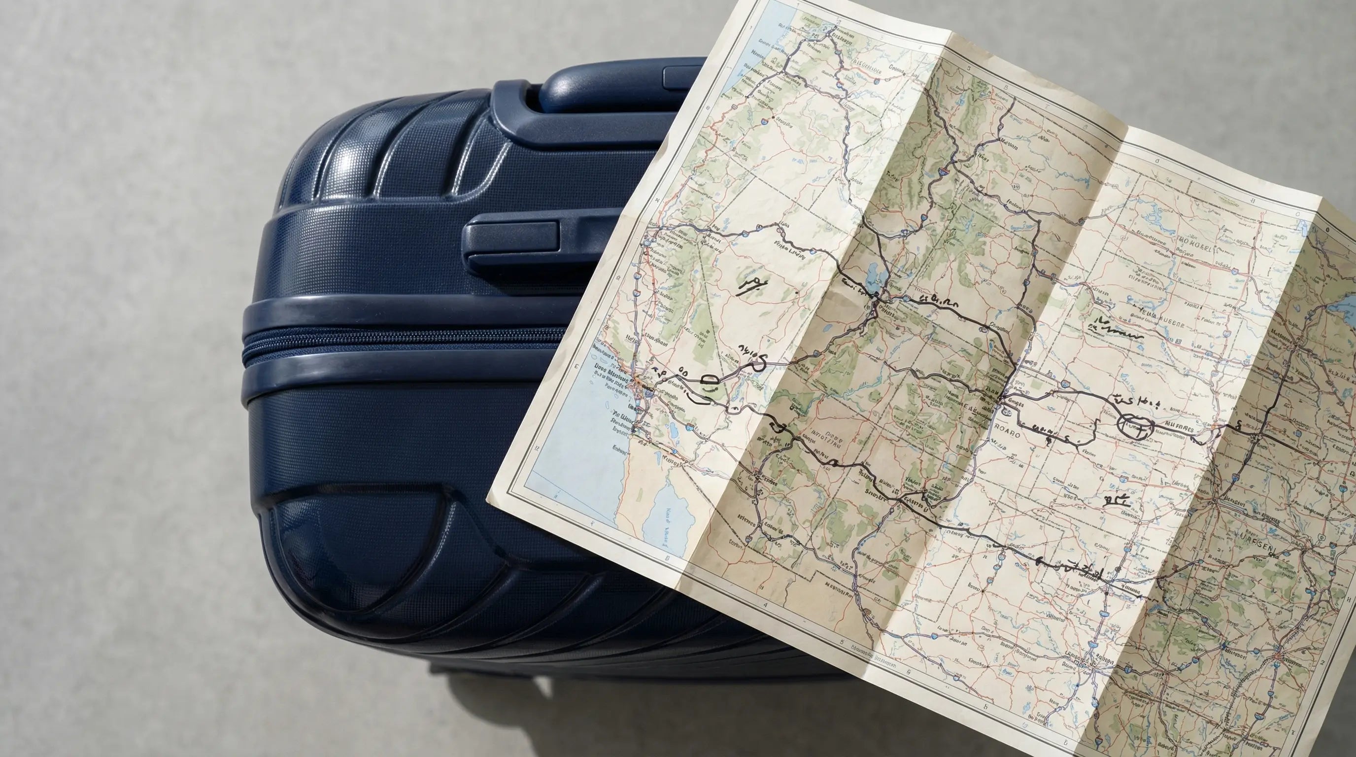 Valise rigide signature de voyage avec carte de road trip illustrée, posée dans une pièce lumineuse et élégante