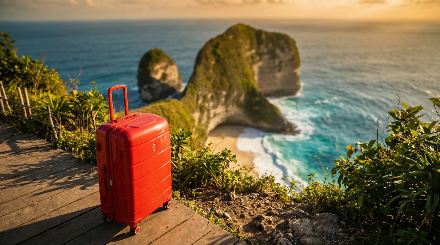Valise rigide rouge mise en avant sur les falaises de Kelingking Beach à Bali avec vue sur l’océan turquoise