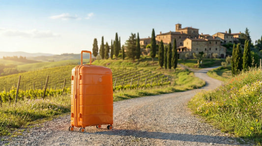 Valise de voyage orange sur une route de campagne en Toscane au printemps, symbole de vacances en mars en Italie