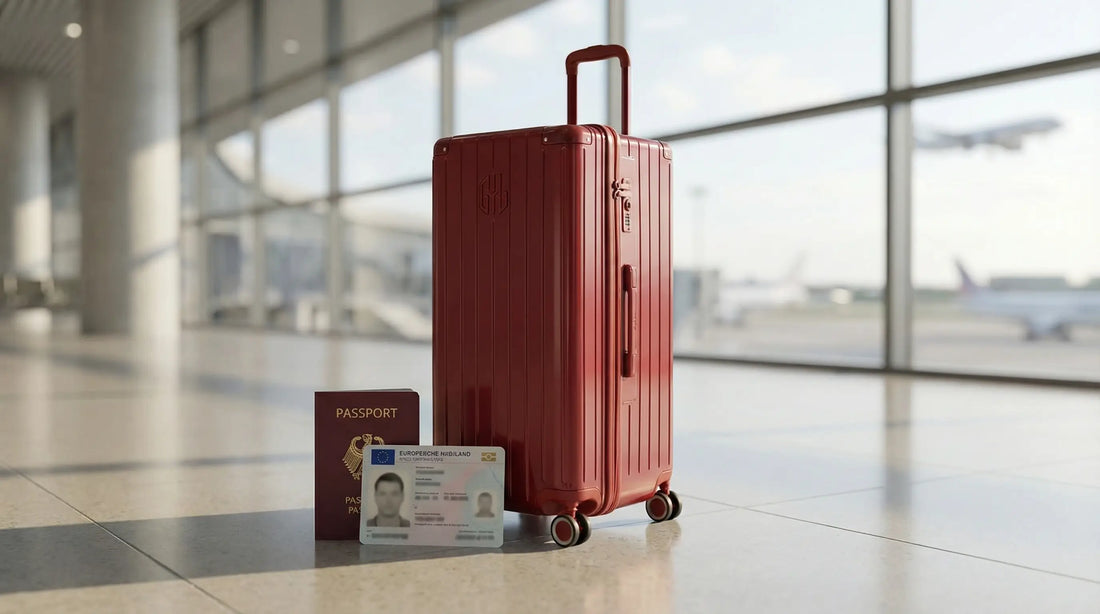 Valise rigide rouge posée dans un contexte de voyage en avion en Europe