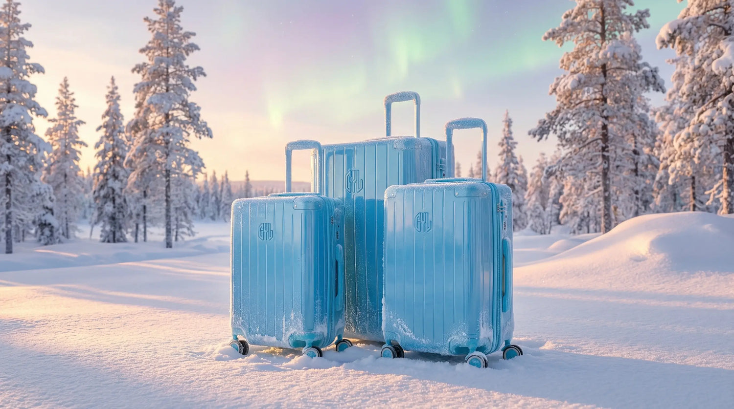 Trois valises bleues posées dans un paysage enneigé de Laponie avec des sapins givrés et des aurores boréales en arrière plan