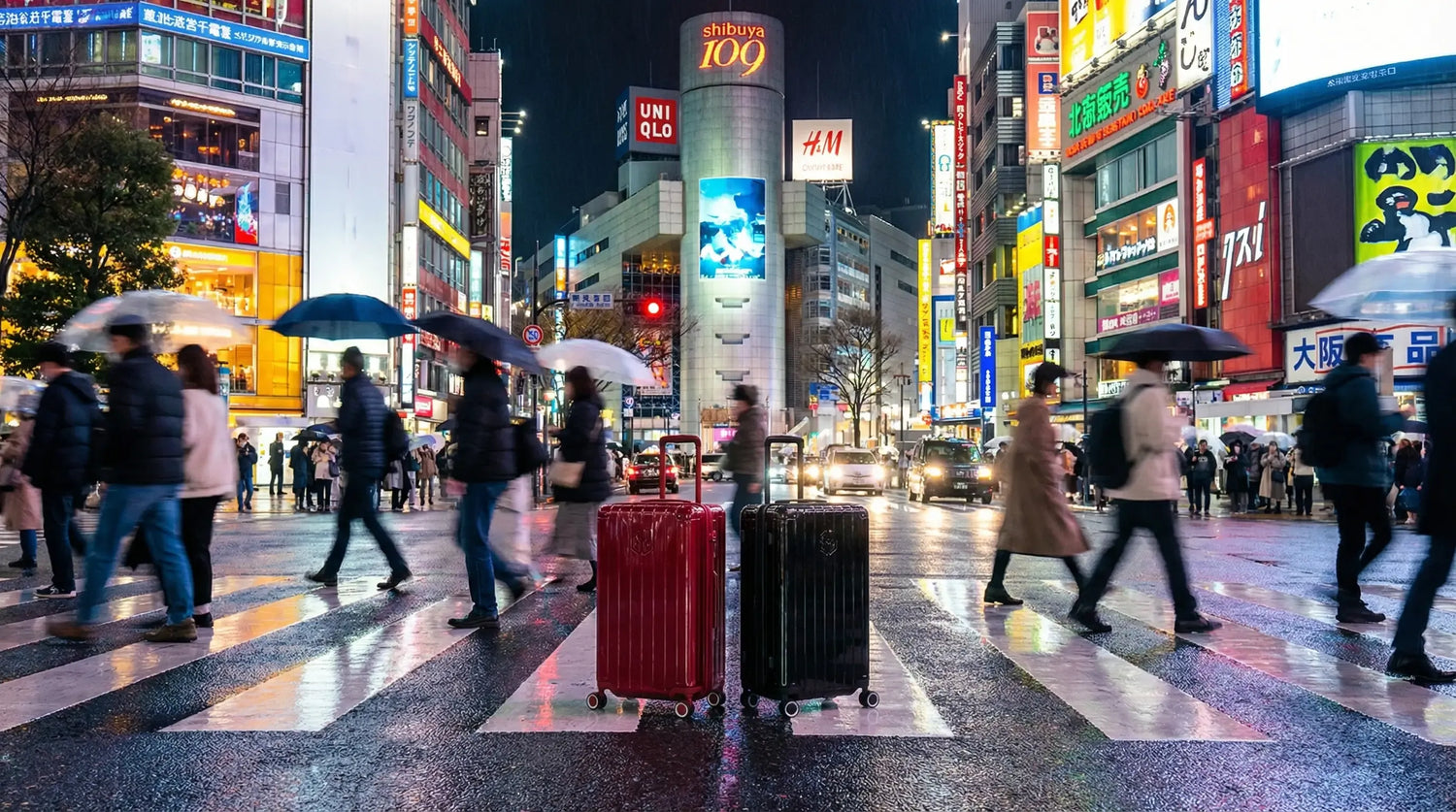 Valises GYL noire et rouge au centre de Shibuya Crossing à Tokyo de nuit, avec des passants traversant le passage piéton, illustrant le coût et la préparation d’un voyage au Japon