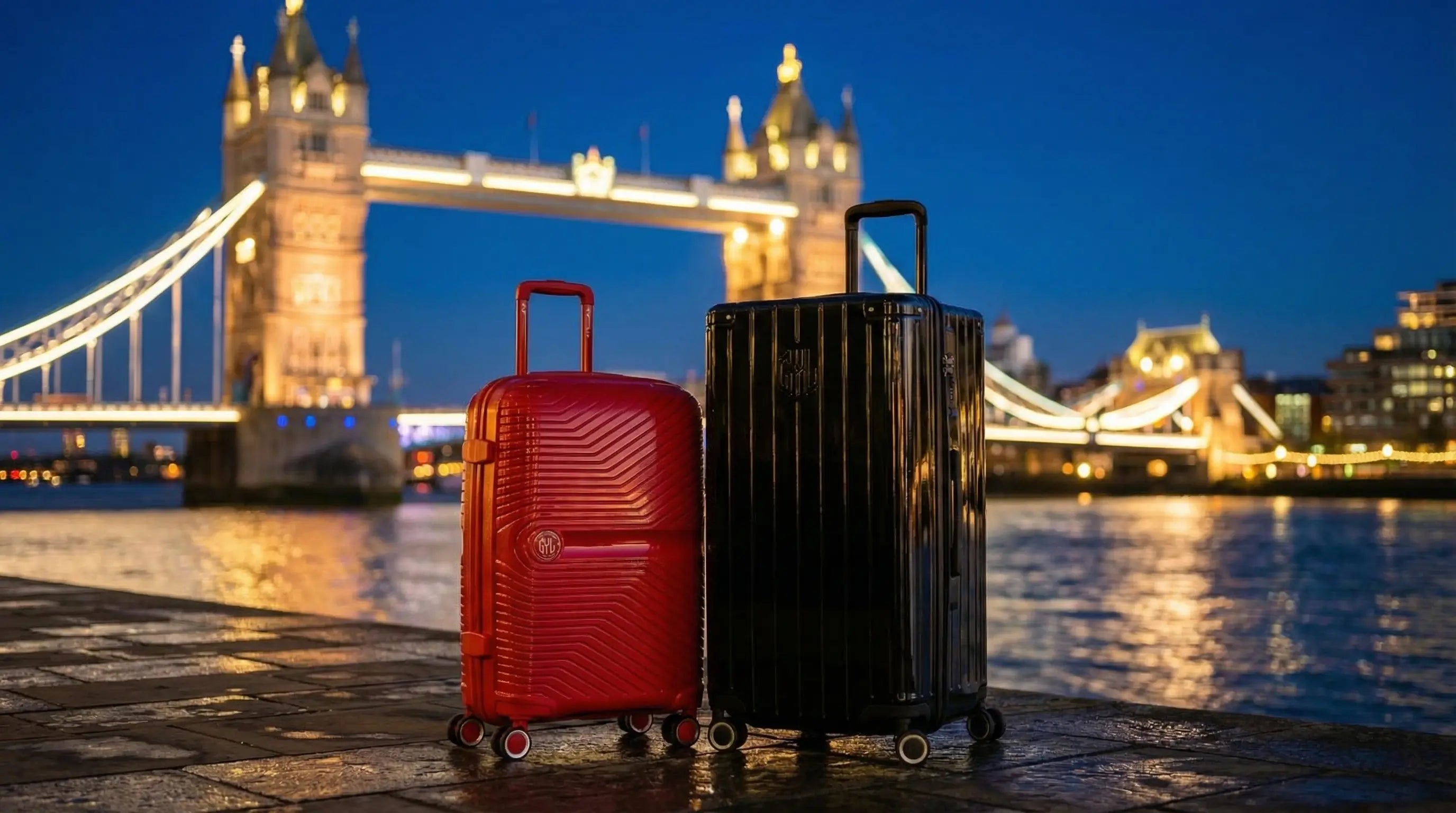 Deux valises rigides devant Tower Bridge illuminé de nuit à Londres, symbole d’un voyage urbain et touristique dans la capitale britannique