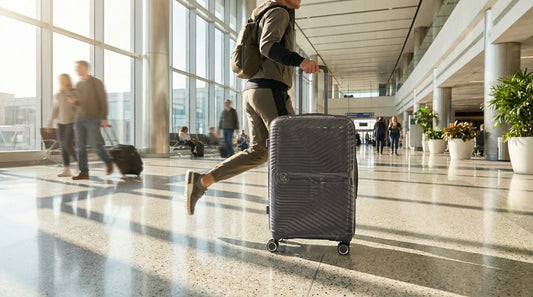 Voyageur courant dans un terminal d’aéroport avec une valise cabine rigide grise GYL