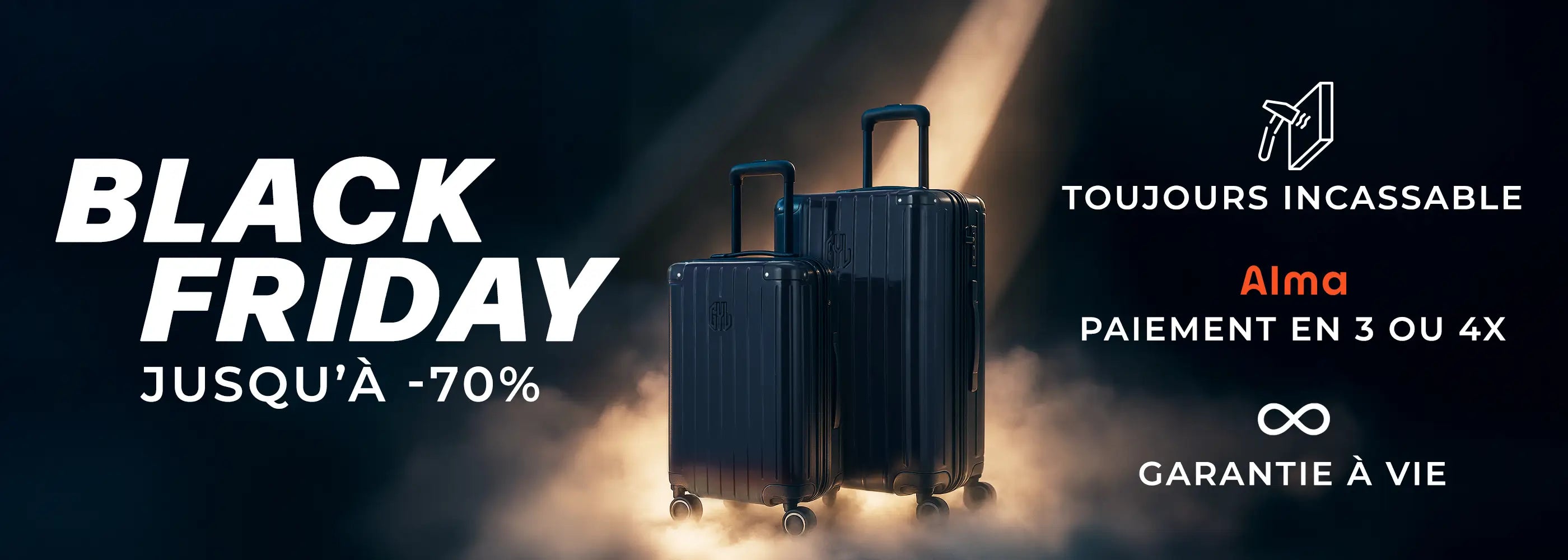 Duo de valises GYL en polycarbonate noir sur un sol fumé avec lumière studio, visuel Black Friday jusqu’à 70 pour cent, options de paiement Alma et garantie à vie.