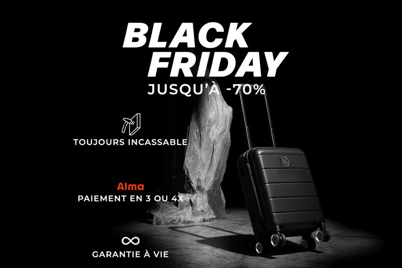 Valise cabine GYL noire devant un rocher en lumière studio, visuel Black Friday jusqu’à 70 pour cent avec mentions incassable, paiement Alma et garantie à vie.