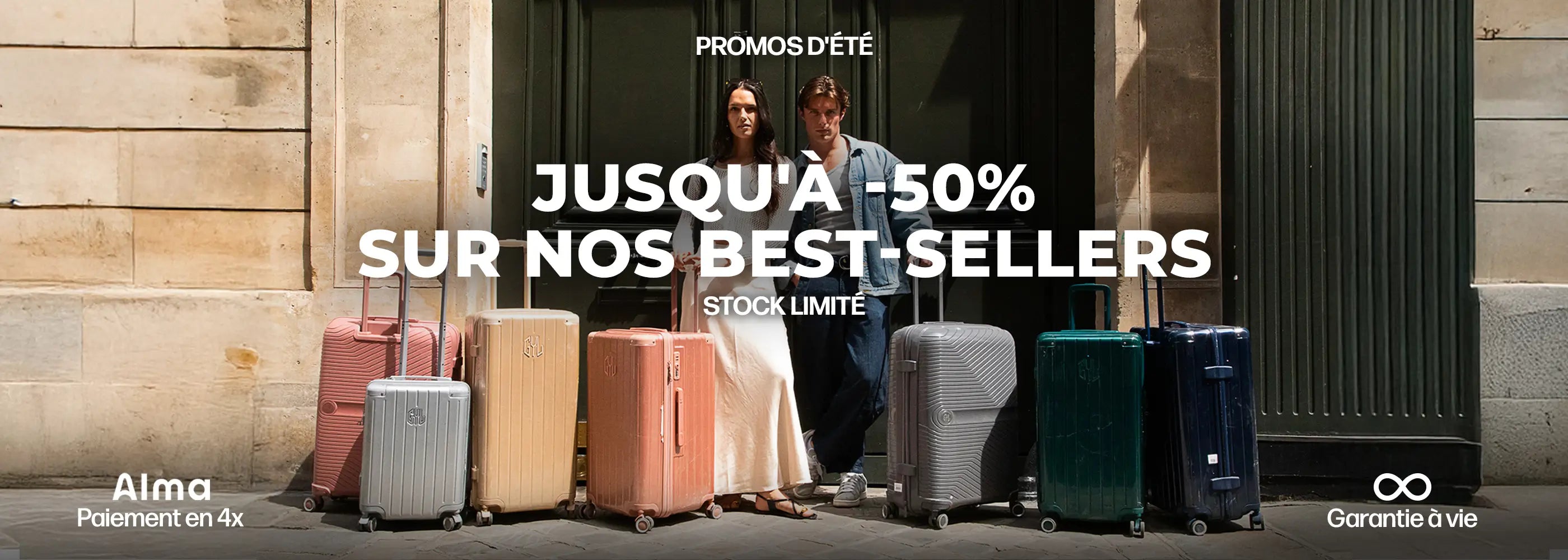  Bannière desktop GYL montrant plusieurs valises haut de gamme en promotion jusqu’à -50 %, avec paiement en 4 fois et garantie à vie, collection best-sellers, stock limité.