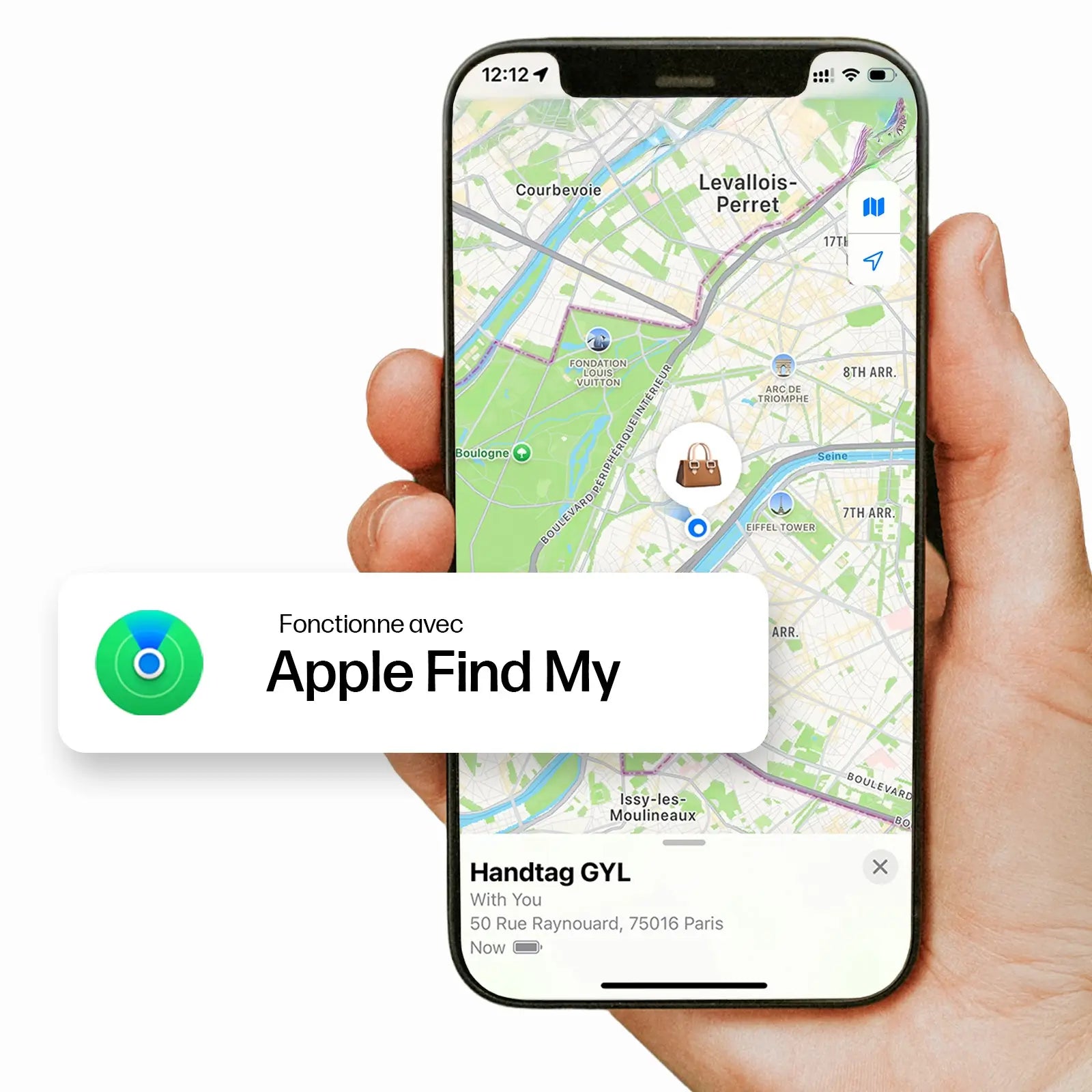 Étiquette à bagage GYL avec tracker intégré compatible Apple Find My, affichée sur l’application Localiser d’Apple sur iPhone