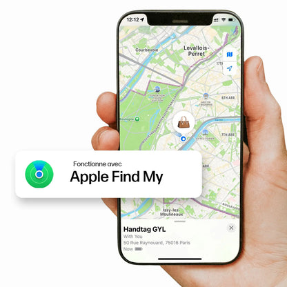 Étiquette à bagage GYL avec tracker intégré compatible Apple Find My, affichée sur l’application Localiser d’Apple sur iPhone