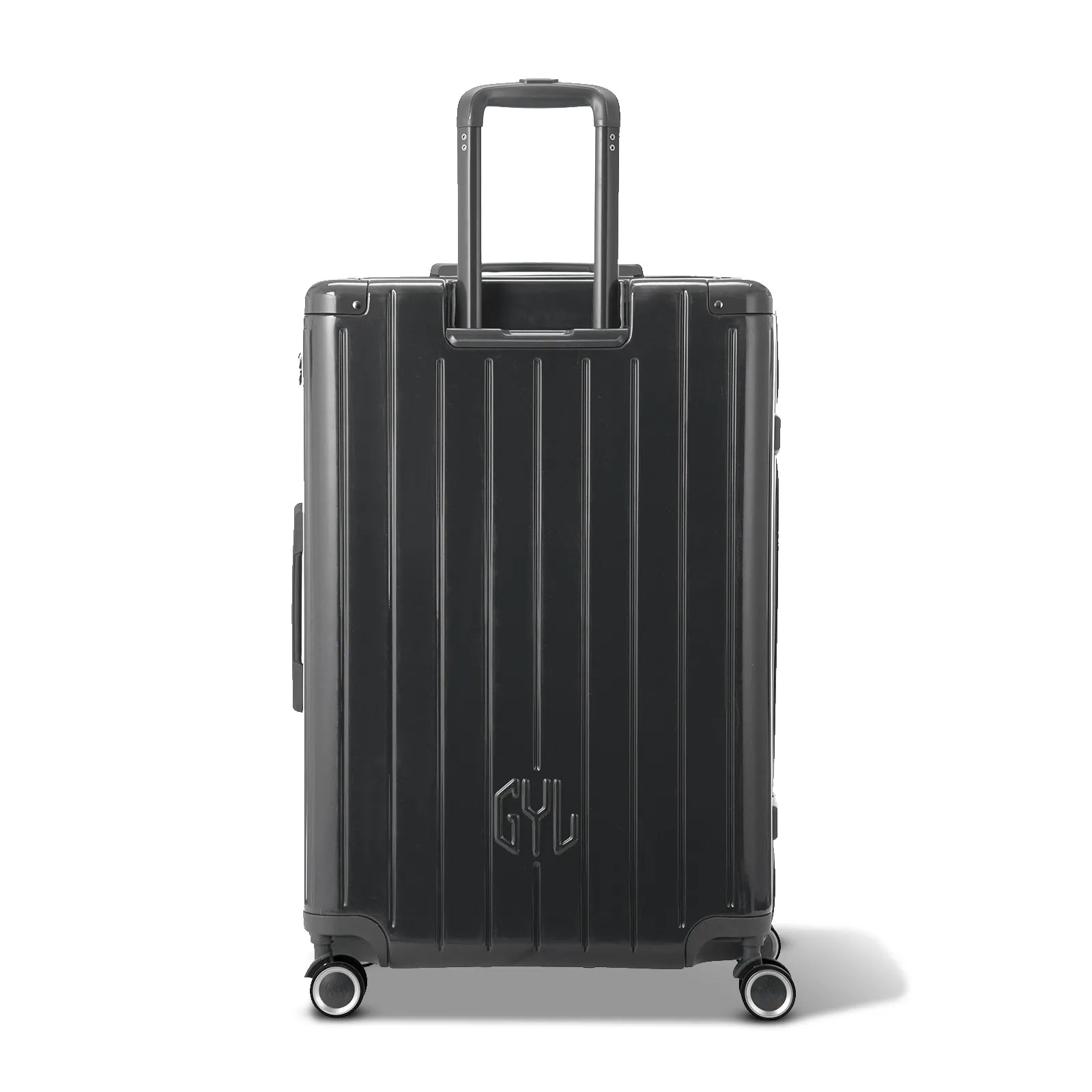 Vue arrière de la valise rigide GYL Intemporelle gris foncé avec poignées intégrées et roulettes pivotantes.