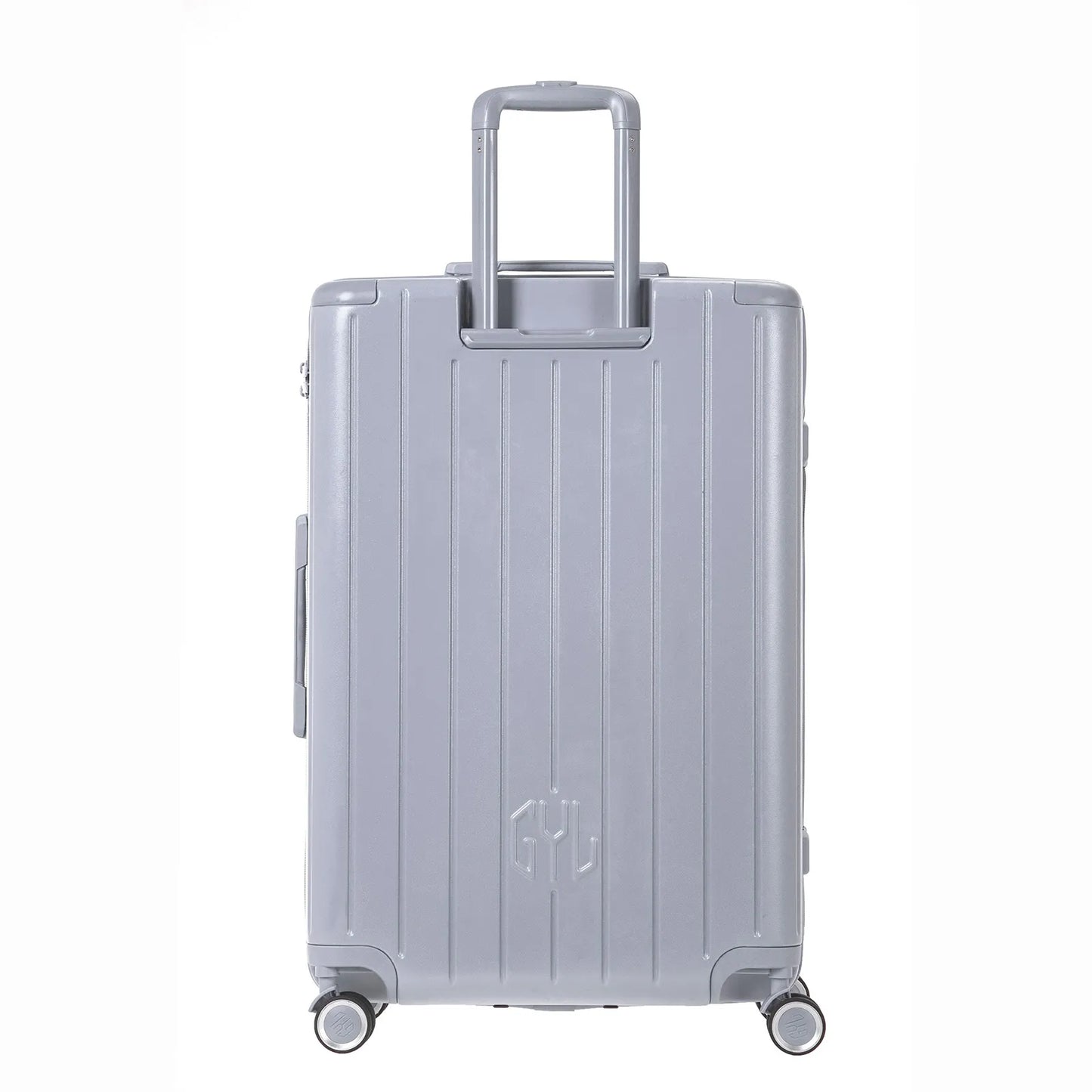 Vue arrière de la valise rigide GYL Intemporelle argent avec poignées intégrées et roulettes pivotantes. #couleur_argent