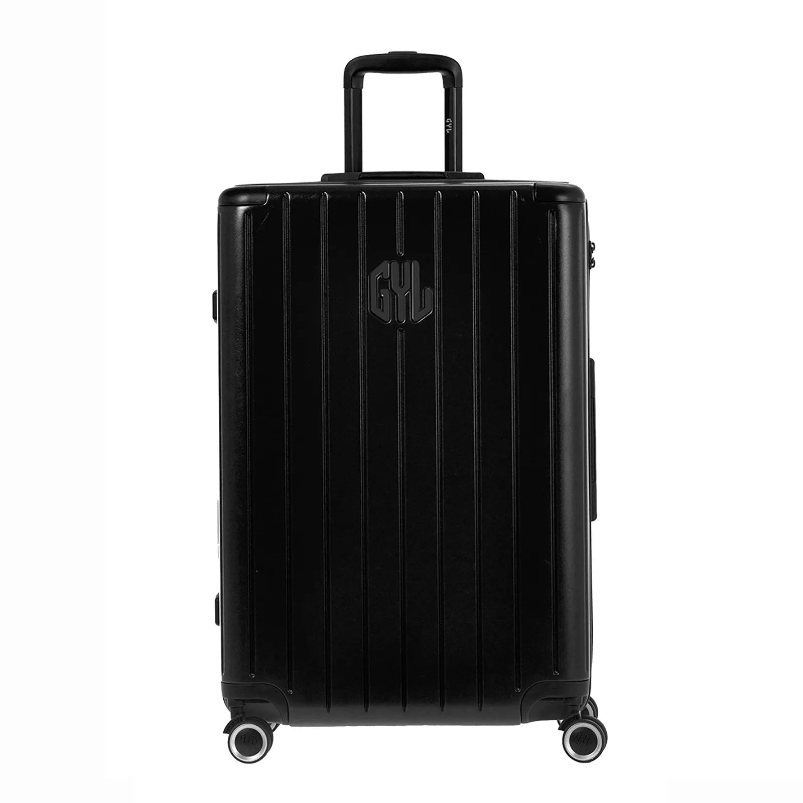 Vue de face de la valise rigide GYL Intemporelle noir avec poignées intégrées et roulettes pivotantes.