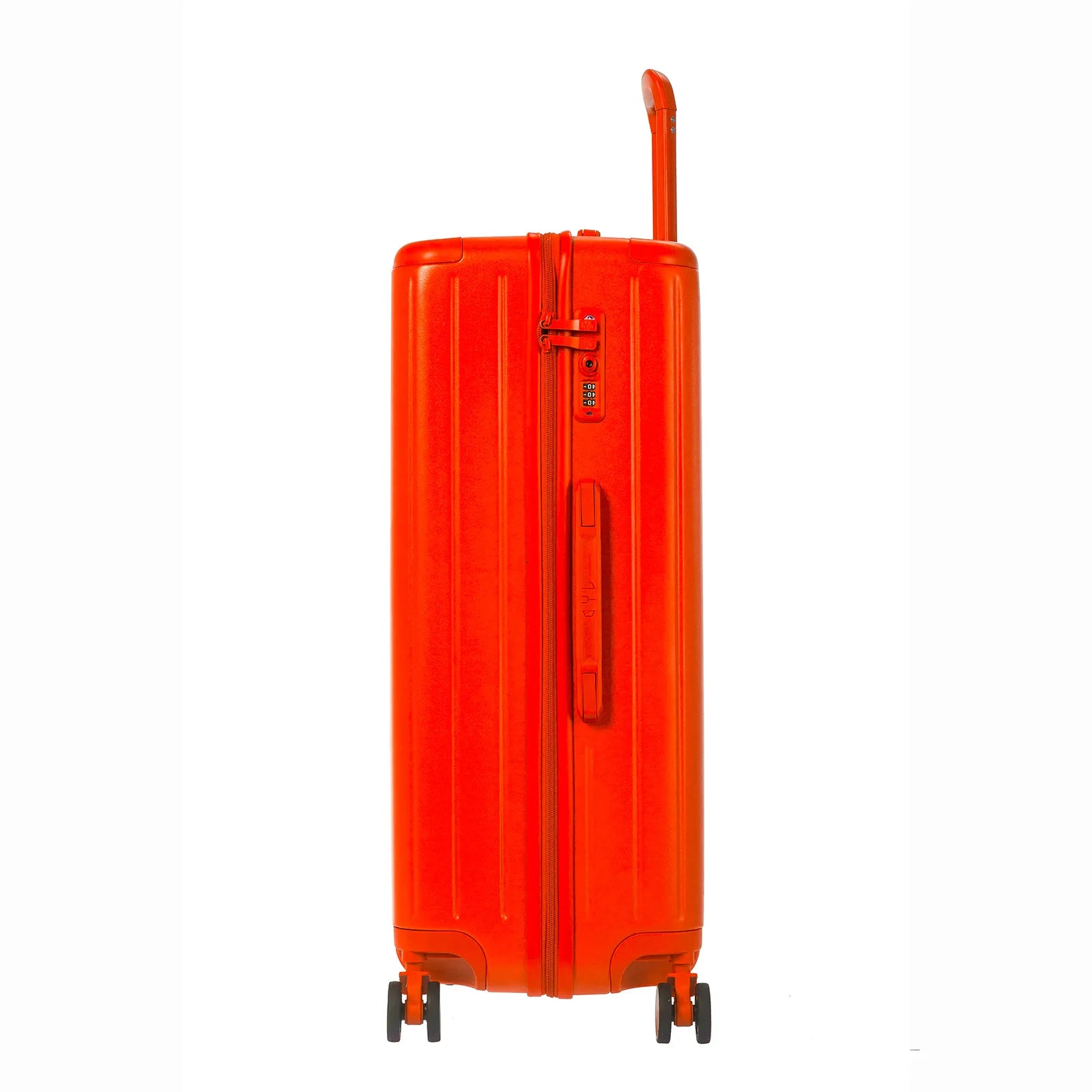 Vue côté de la valise rigide GYL Intemporelle orange avec poignées intégrées et roulettes pivotantes.