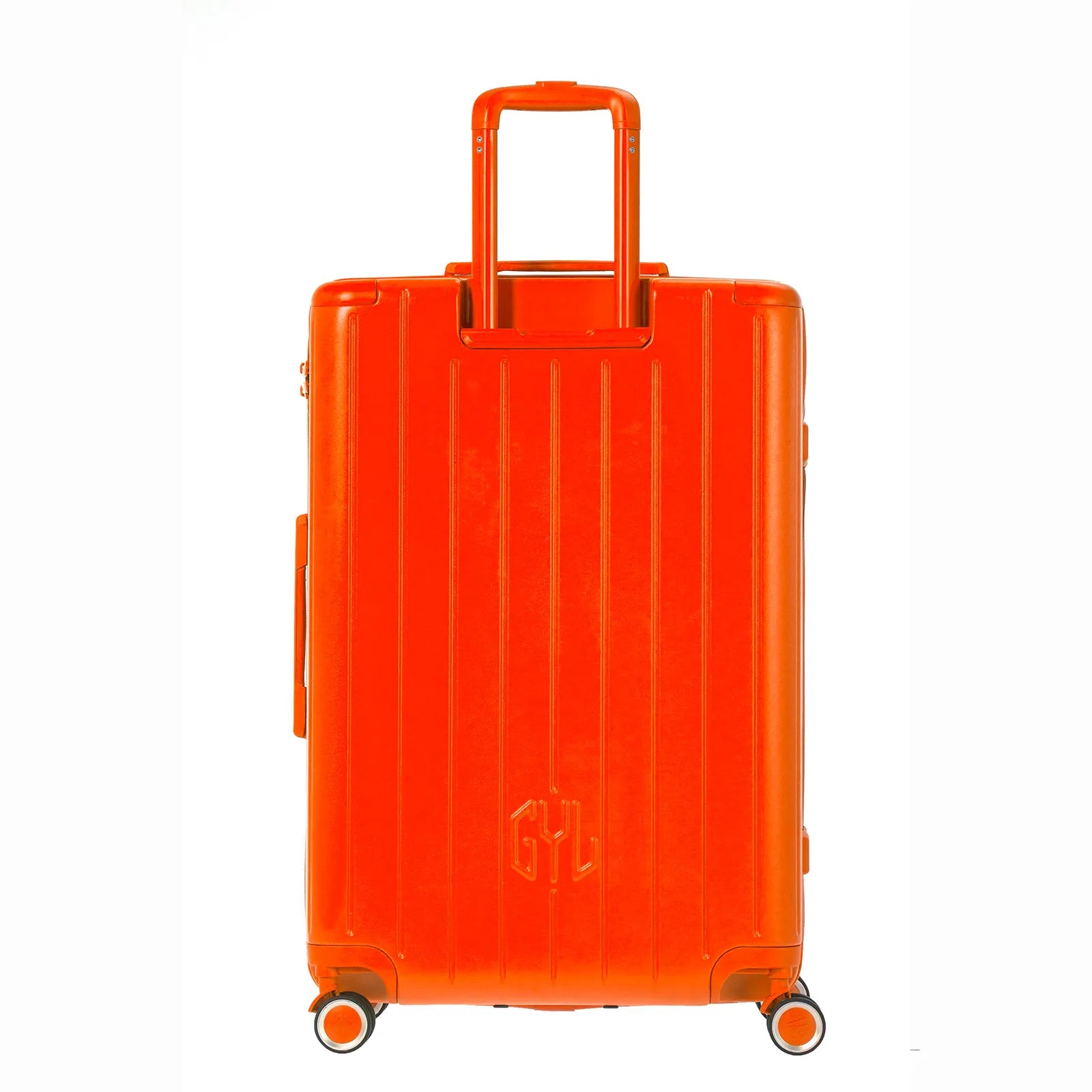 Vue arrière de la valise rigide GYL Intemporelle orange avec poignées intégrées et roulettes pivotantes.
