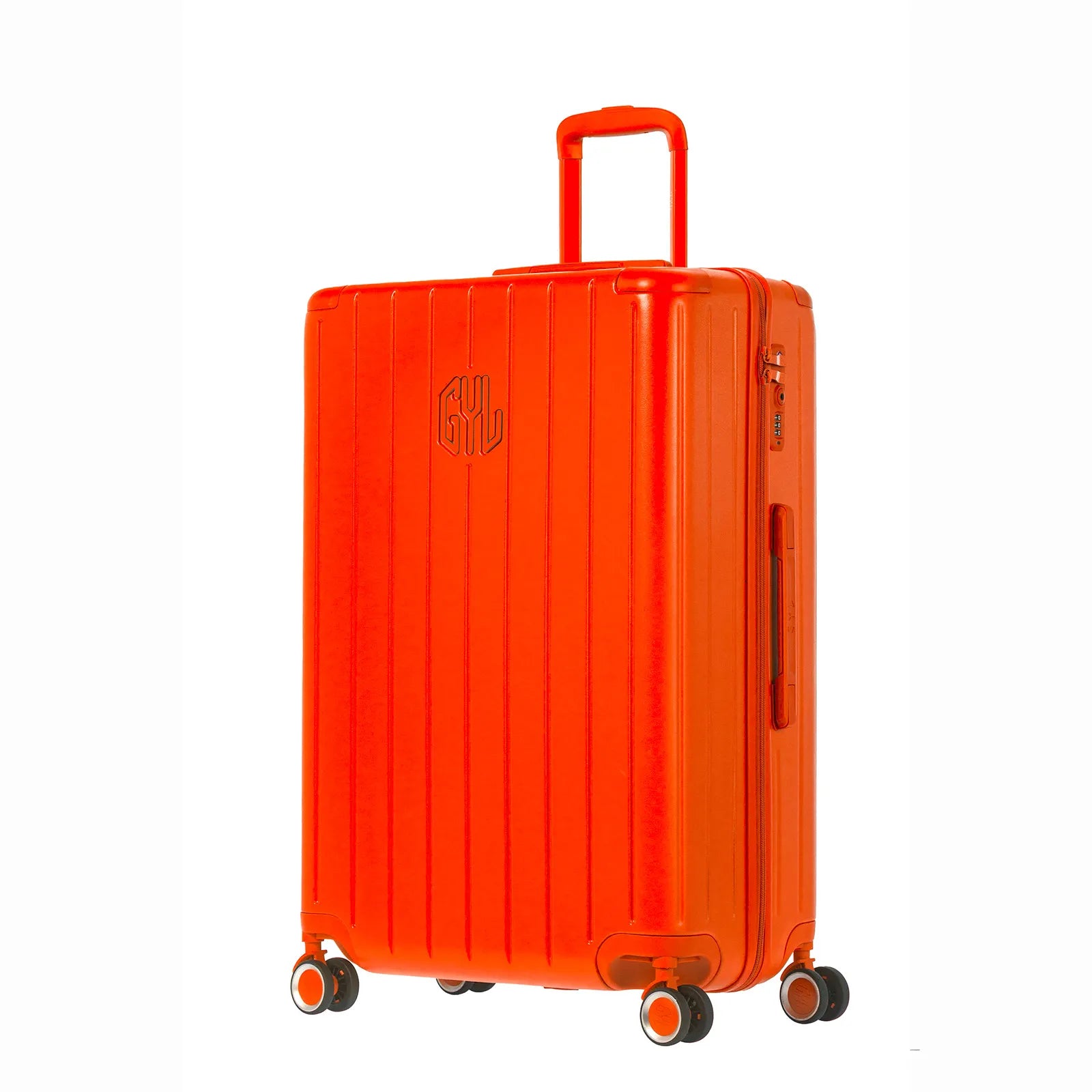 Vue face angle de la valise rigide GYL Intemporelle orange avec poignées intégrées et roulettes pivotantes.