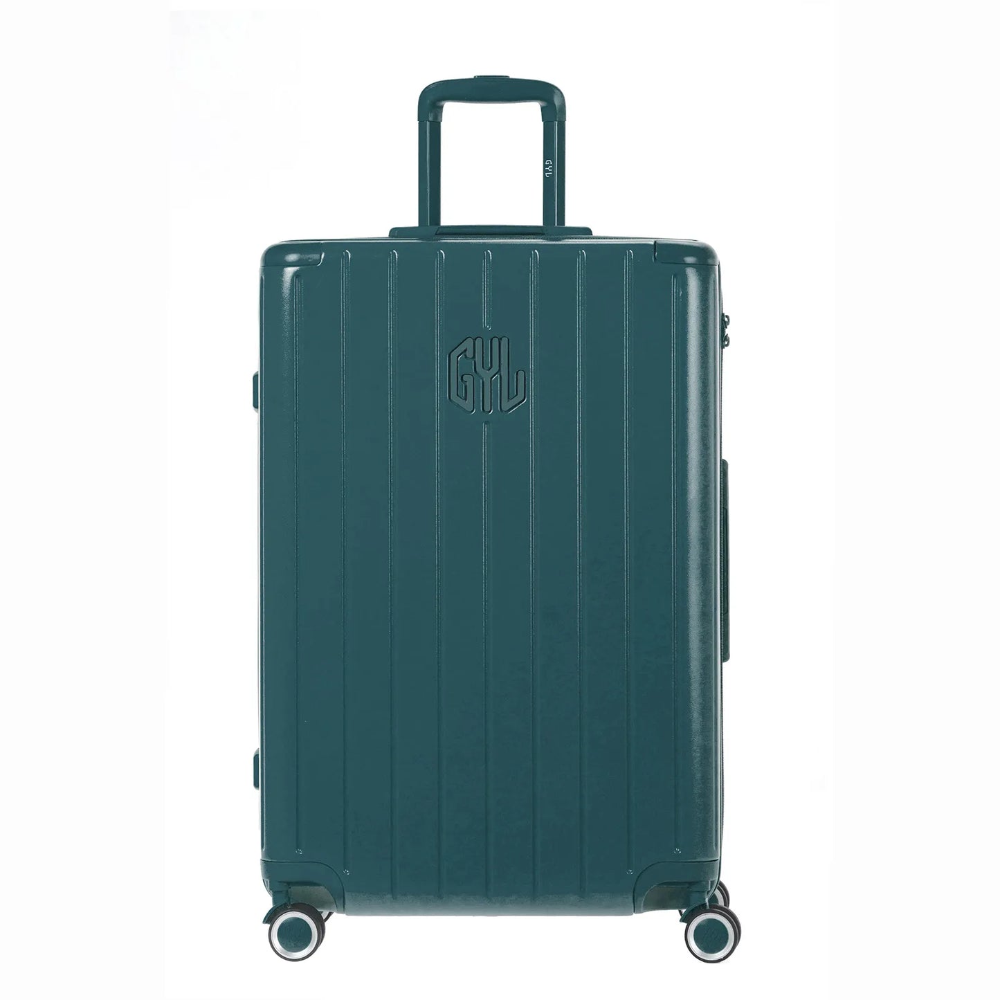 Vue arrière de la valise rigide GYL Intemporelle sapin avec poignées intégrées et roulettes pivotantes. #couleur_sapin