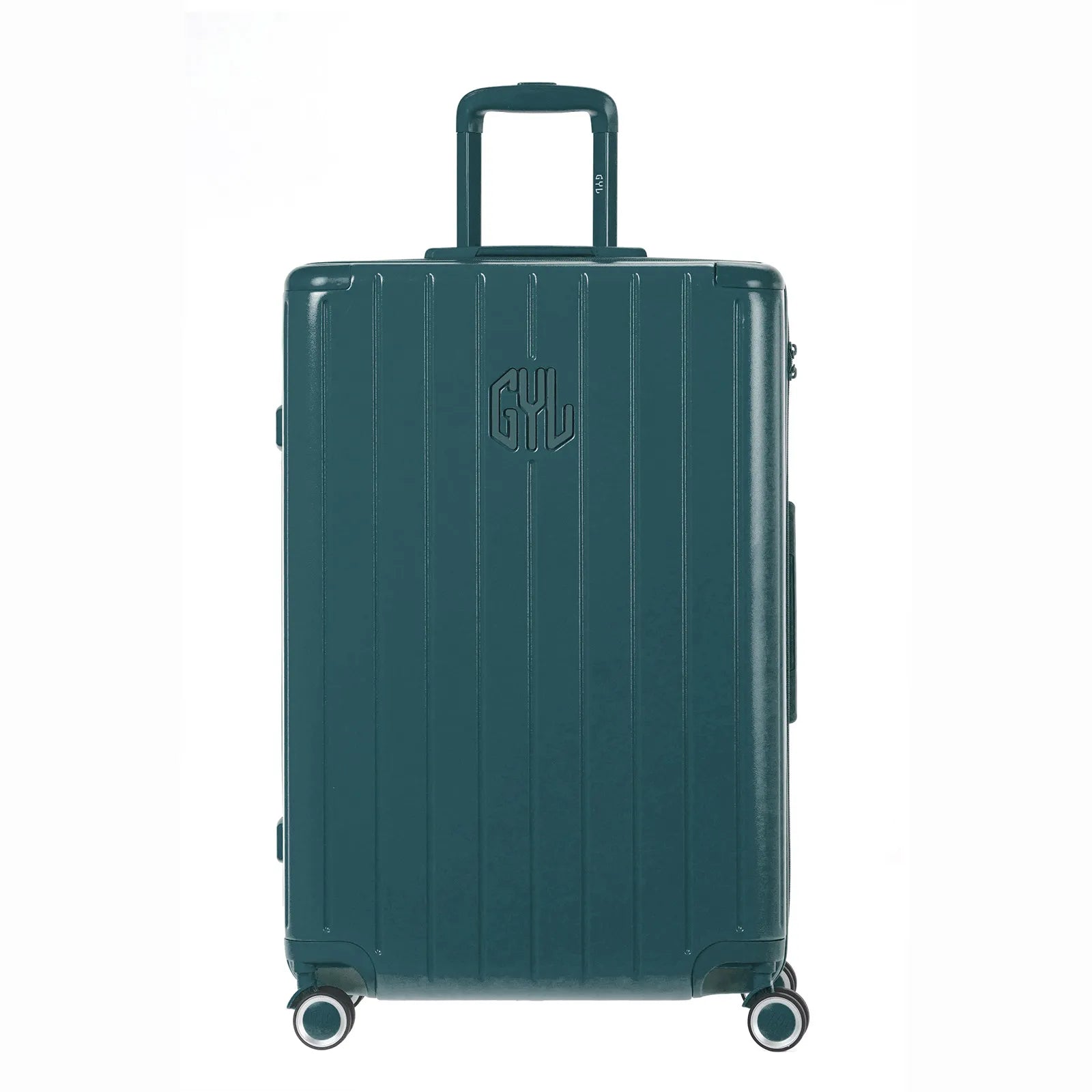 Vue arrière de la valise rigide GYL Intemporelle sapin avec poignées intégrées et roulettes pivotantes.