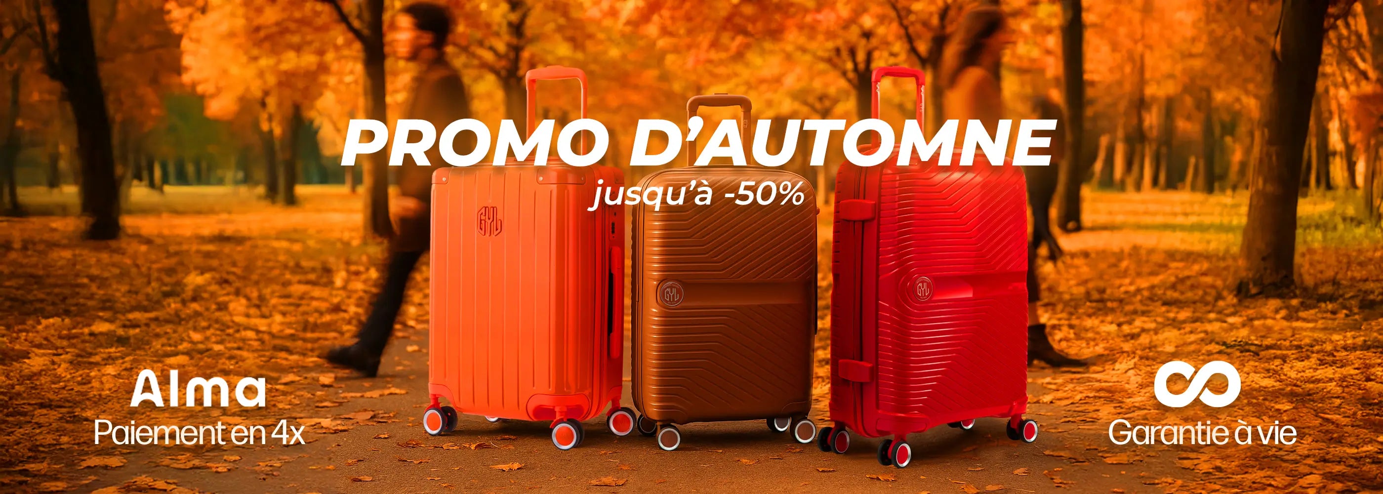 Bannière automnale avec trois valises GYL orange, marron et rouge alignées sur une allée de parc en automne, texte "Promo d'automne jusqu'à -50%, paiement en 4x, garantie à vie"