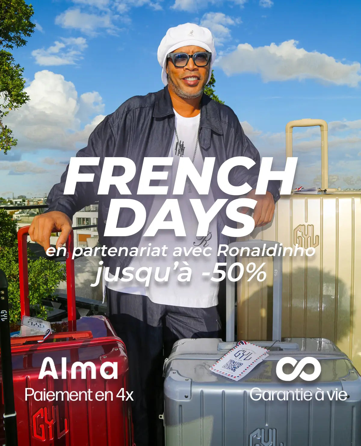 French Days GYL en partenariat avec Ronaldinho – Valises haut de gamme en promotion jusqu’à -50% avec garantie à vie et paiement en 4x.