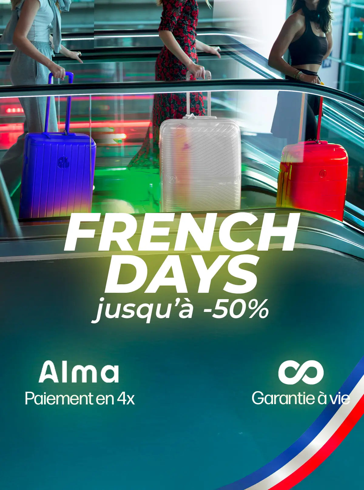 Promotion French Days GYL : jusqu’à -50% sur les valises, paiement en 4x avec Alma et garantie à vie.