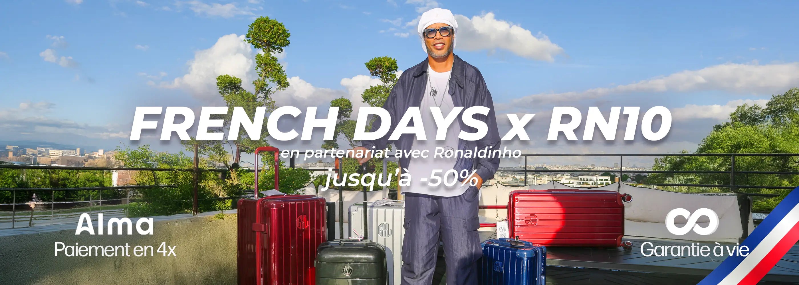French Days x Ronaldinho – Collection de valises GYL en aluminium avec réductions jusqu’à -50%, paiement Alma 4x et garantie à vie.