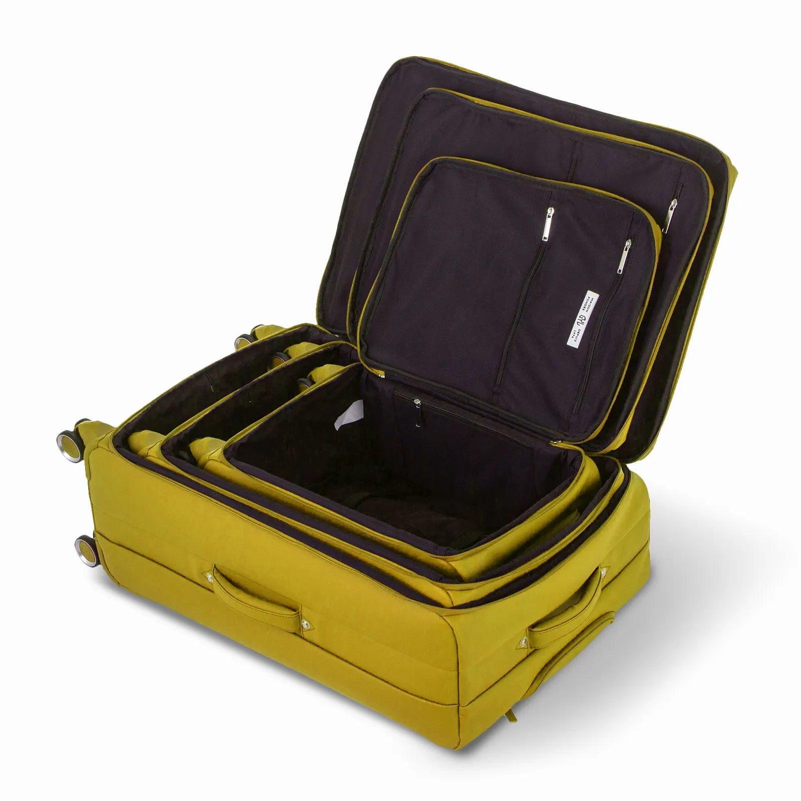 Ensemble de trois valises GYL Évasion en polyuréthane jaune foncé, ouvertes et imbriquées les unes dans les autres pour montrer leur conception pratique et leur intérieur spacieux.