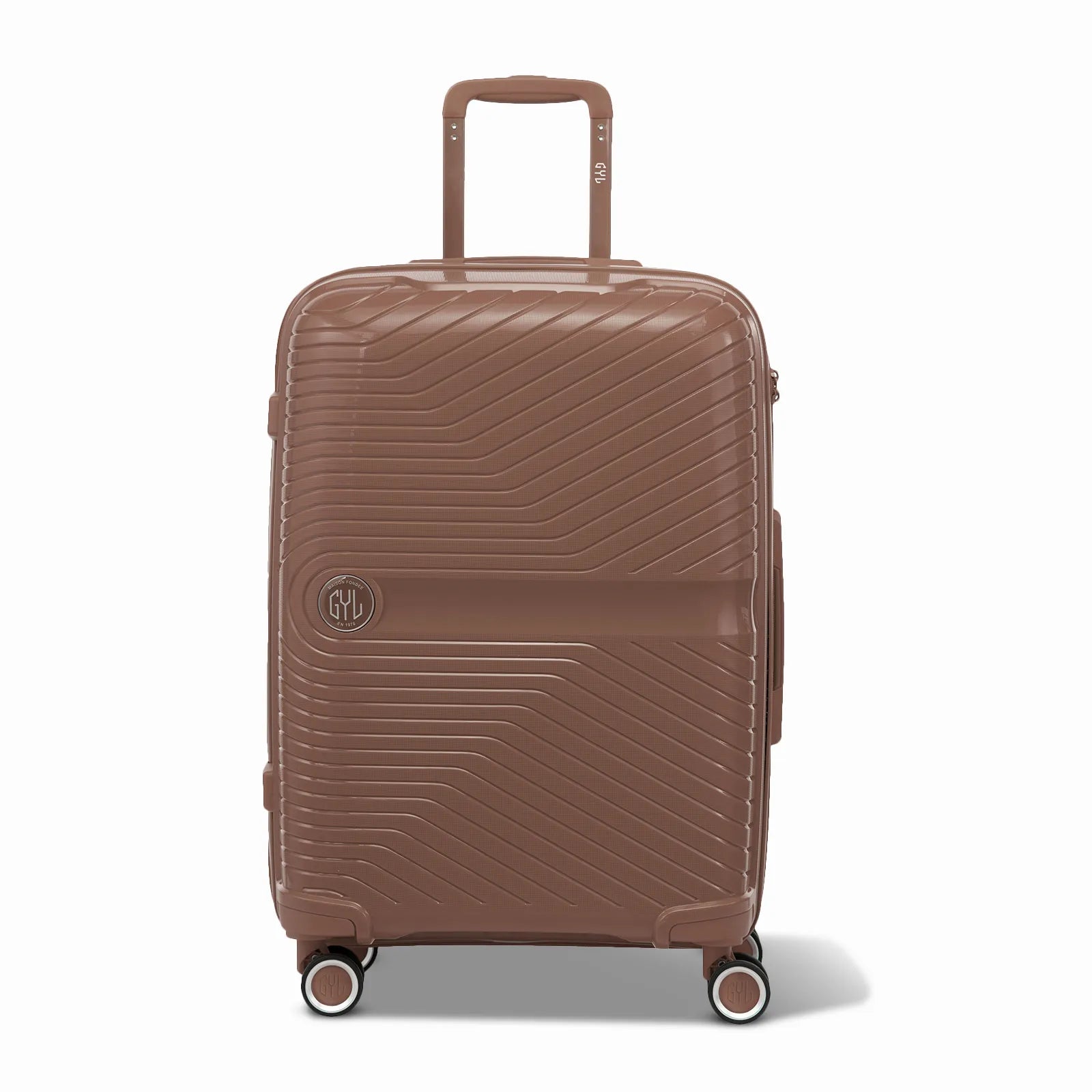 Valise GYL Signature cabine champagne en polypropylène vue de face, avec trolley déployé et roues doubles 360°