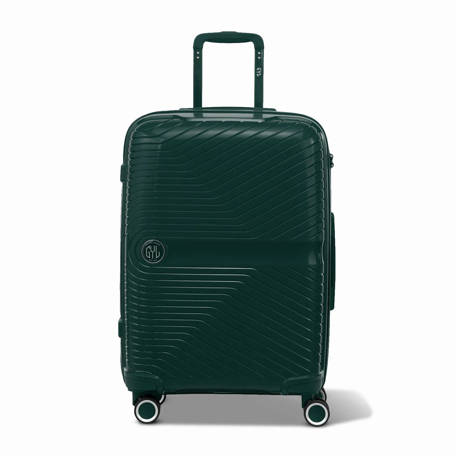 Valise GYL Signature cabine sapin en polypropylène vue de face, avec trolley déployé et roues doubles 360°