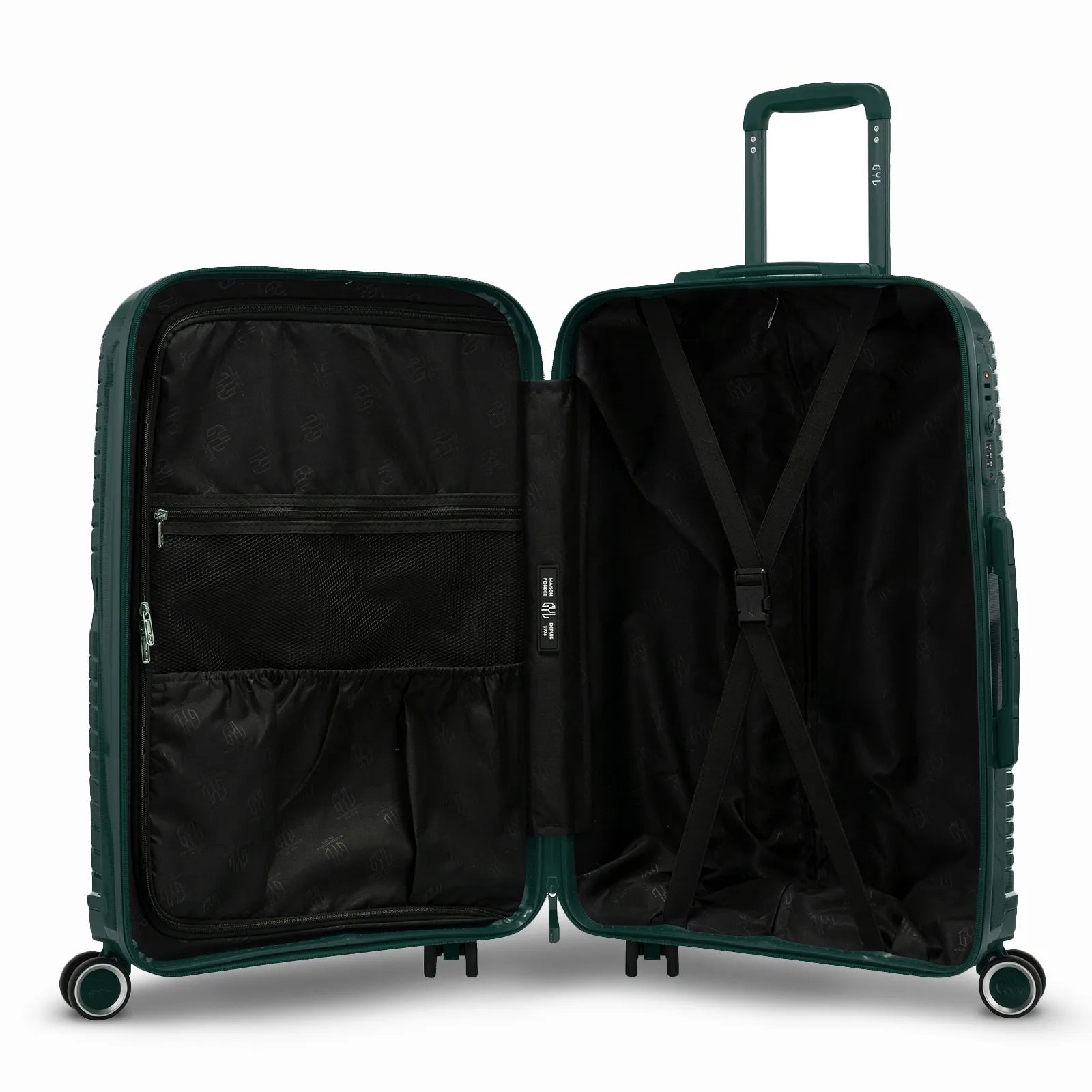 Intérieur de la valise cabine GYL Signature sapin, avec sangles croisées et séparateur zippé en tissu.