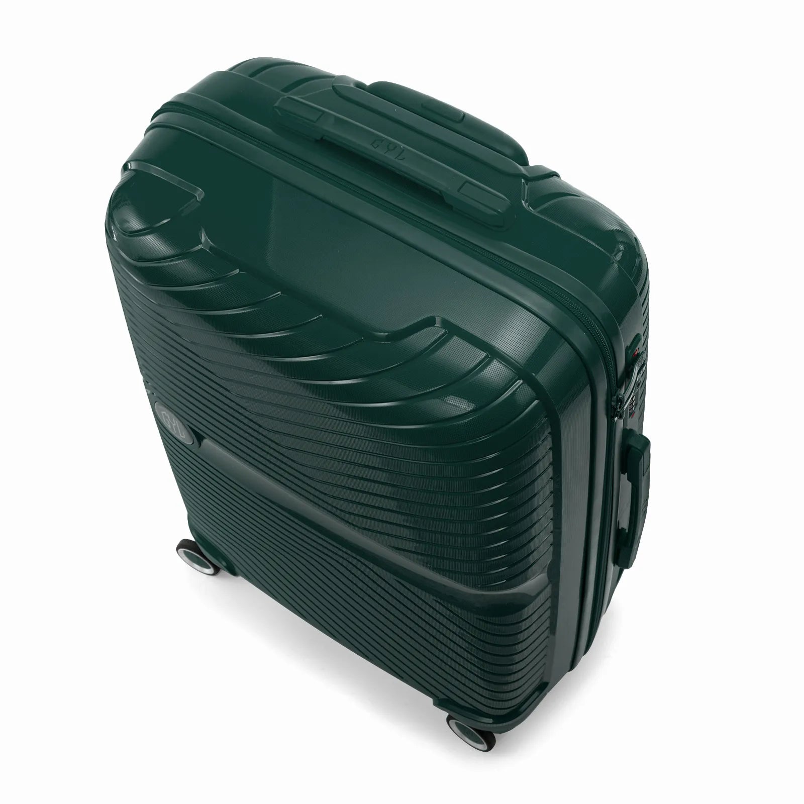 Valise cabine GYL Signature sapin vue du dessus en diagonale, montrant la poignée supérieure et la structure nervurée.