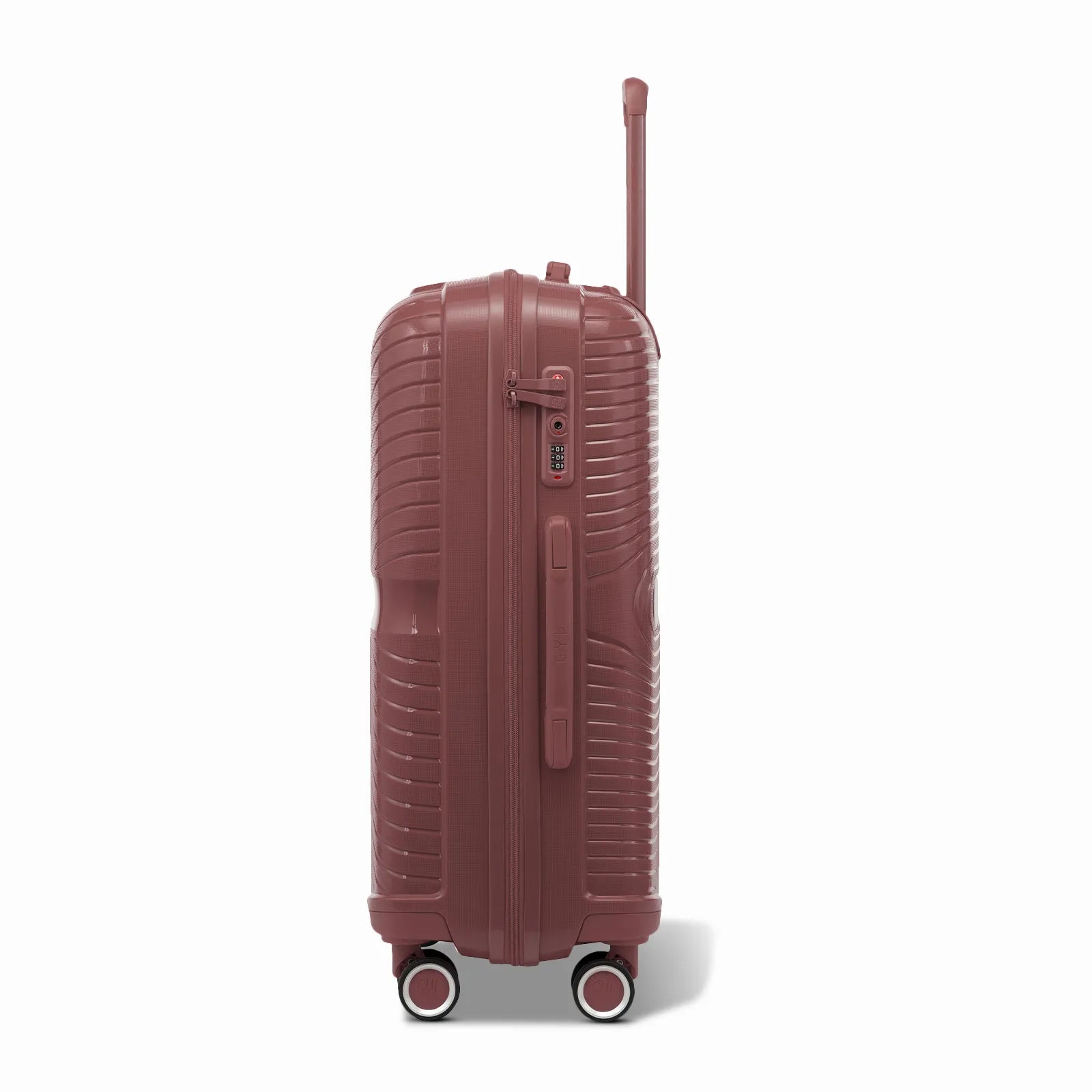Côté de la valise moyenne GYL Signature rose gold avec serrure TSA intégrée et poignée latérale assortie.