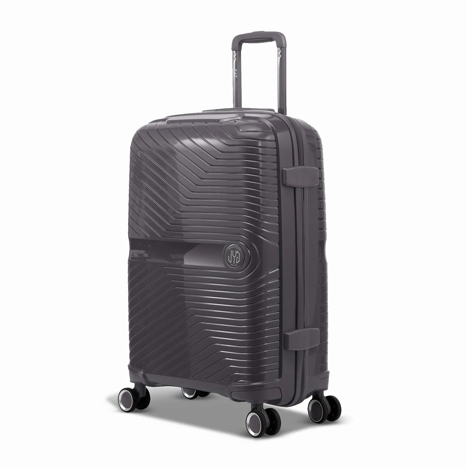 Valise moyenne GYL Signature argent en polypropylène vue de trois quarts, avec trolley déployé et roues doubles 360°