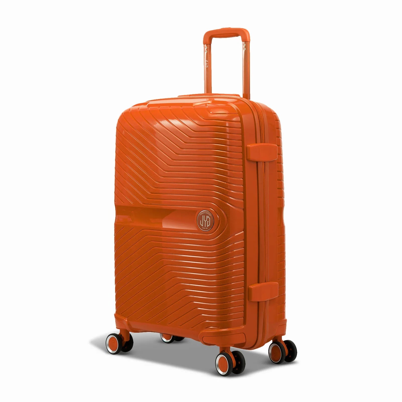 Valise moyenne GYL Signature orange en polypropylène vue de trois quarts, avec trolley déployé et roues doubles 360° #couleur_orange
