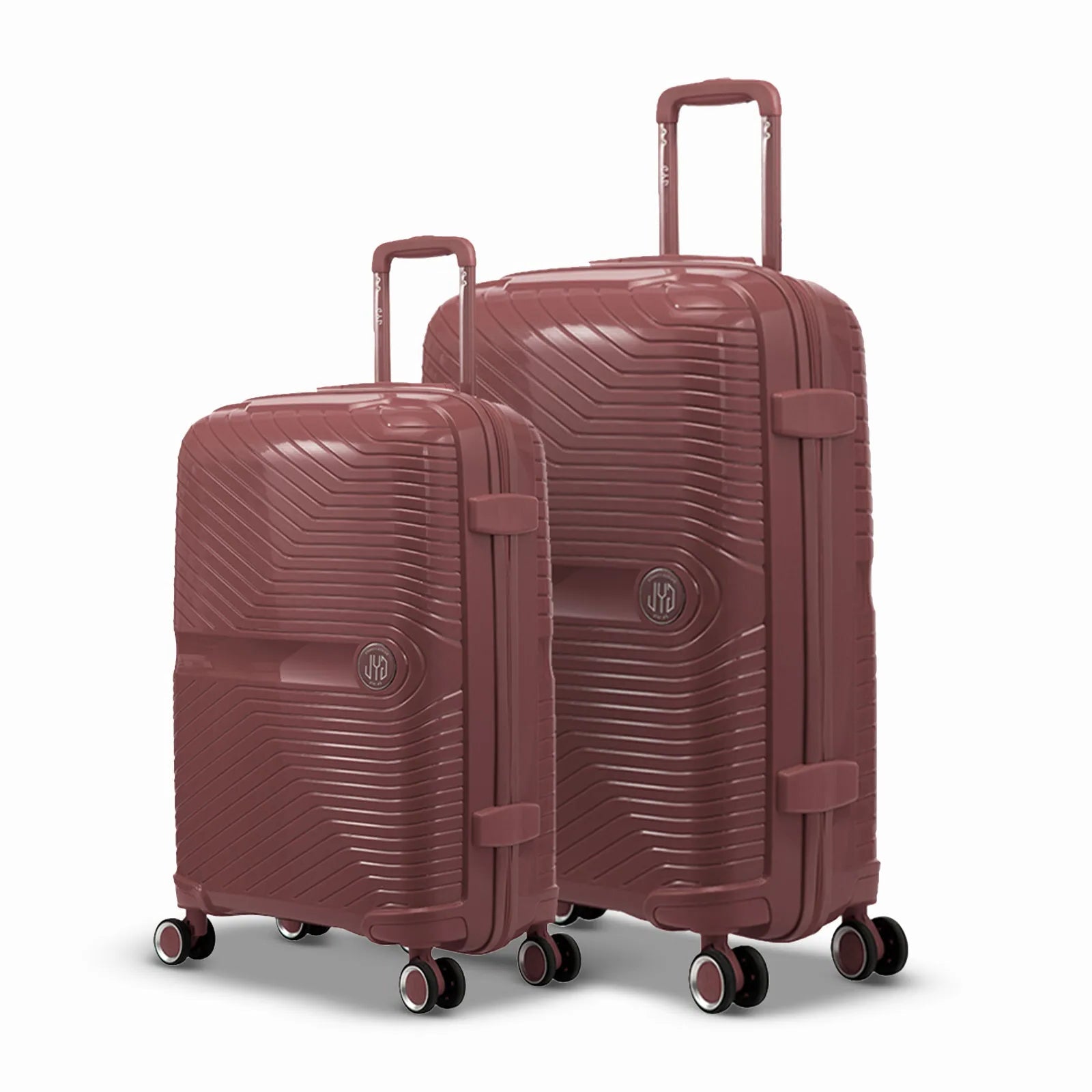Set de deux valises GYL Signature en polypropylène rose gold, comprenant les formats moyenne et soute, avec trolley télescopique et roues doubles 360°. #couleur_rose gold