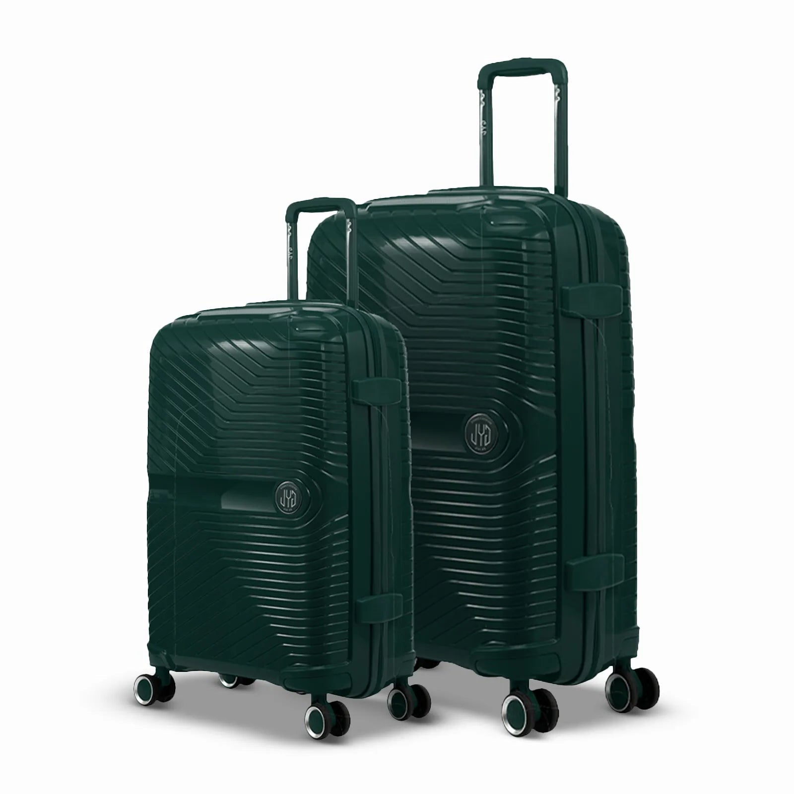 Set de deux valises GYL Signature en polypropylène sapin, comprenant les formats moyenne et soute, avec trolley télescopique et roues doubles 360°.