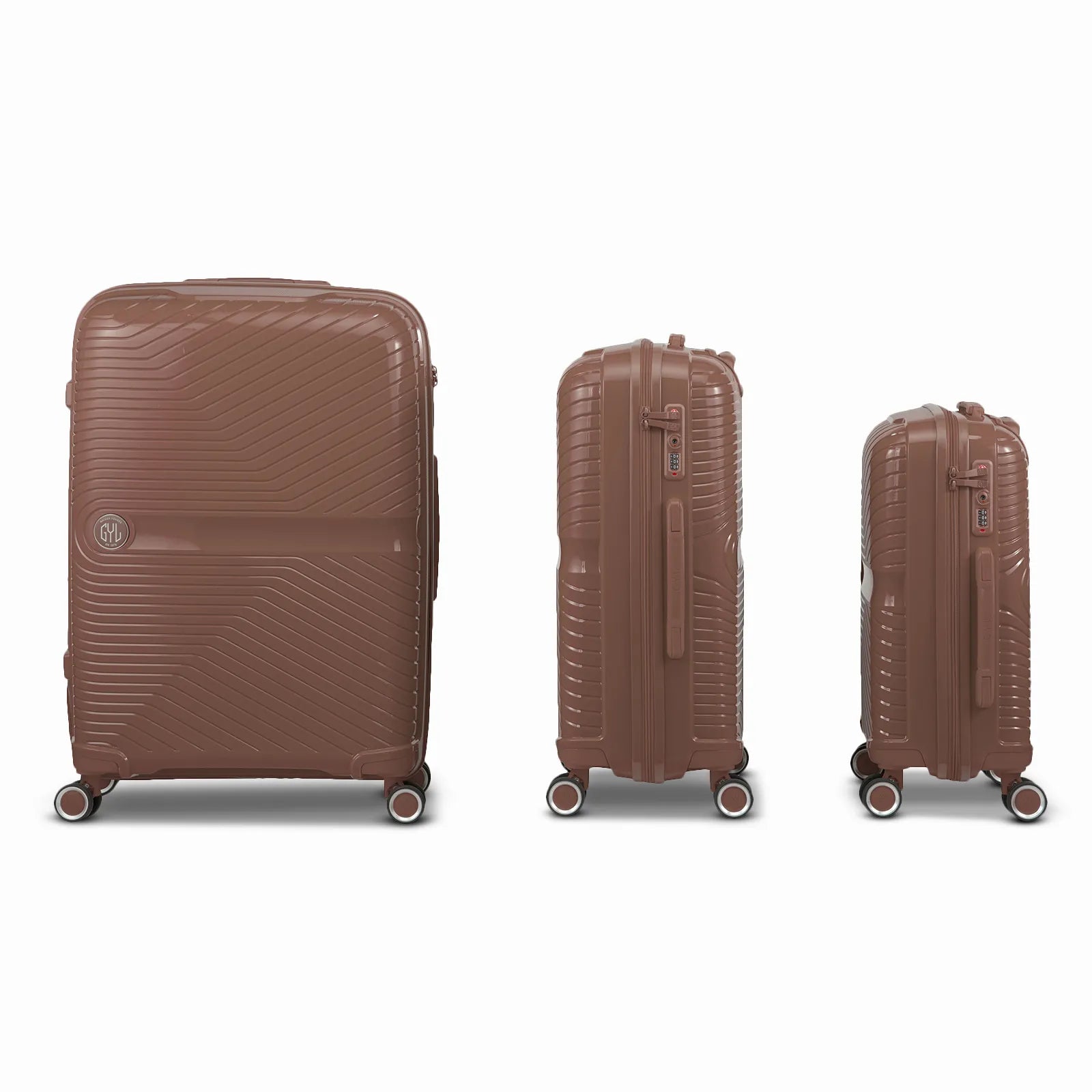 Ensemble de trois valises GYL Signature en polypropylène couleur champagne, présentées alignées de face et de profil, incluant les formats cabine, moyenne et soute.