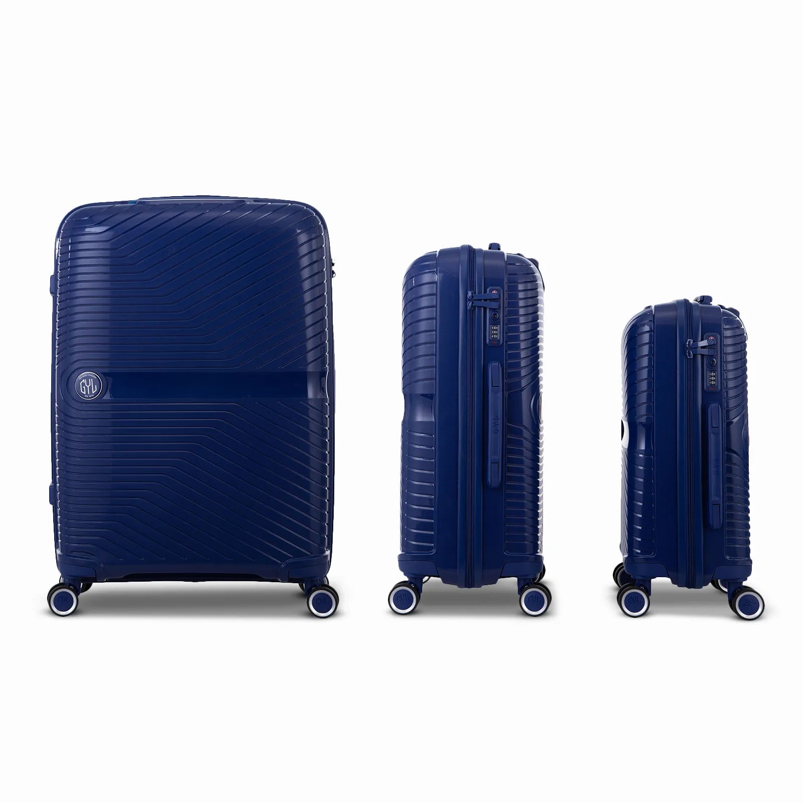 Ensemble de trois valises GYL Signature en polypropylène couleur marine, présentées alignées de face et de profil, incluant les formats cabine, moyenne et soute.