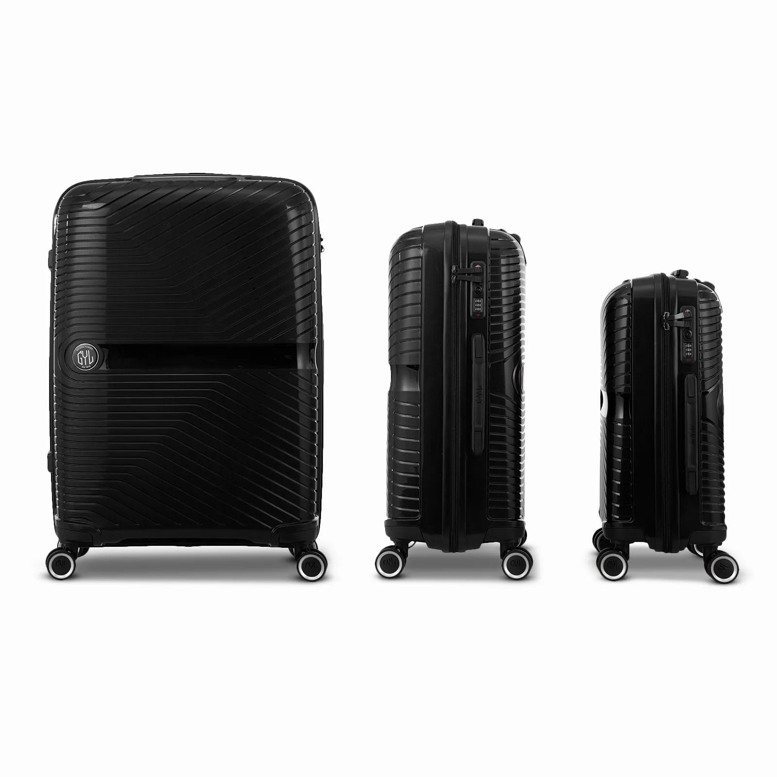 Ensemble de trois valises GYL Signature en polypropylène couleur noire, présentées alignées de face et de profil, incluant les formats cabine, moyenne et soute.