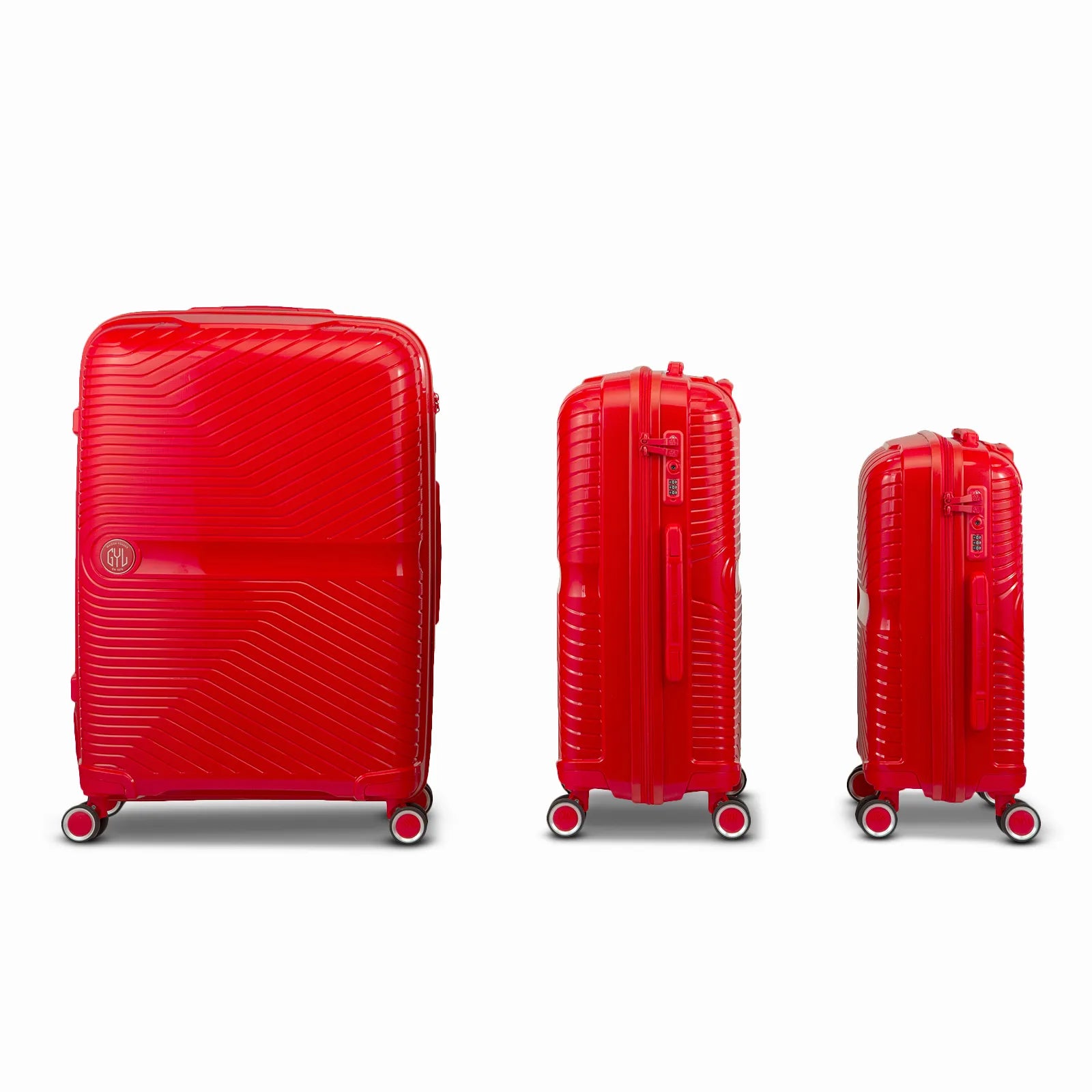 Ensemble de trois valises GYL Signature en polypropylène couleur rouge, présentées alignées de face et de profil, incluant les formats cabine, moyenne et soute.